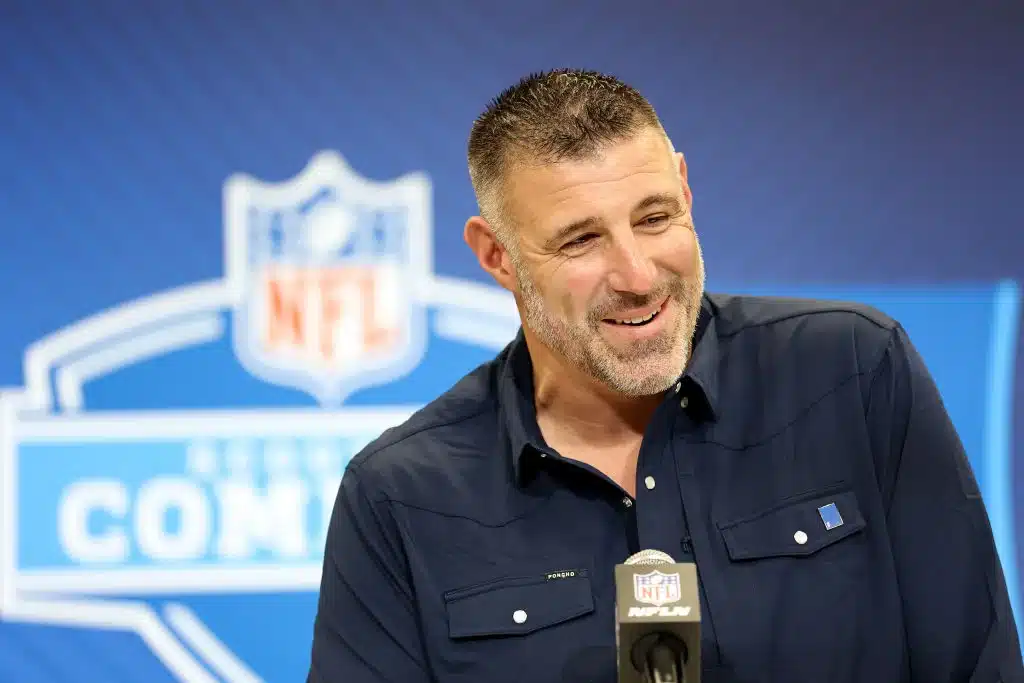 INDIANAPOLIS, INDIANA - FEBRUARY 25: Head coach Mike Vrabel of the New England Patriots speaks to the media during the NFL Scouting Combine at the Indiana Convention Center on February 25, 2025 in Indianapolis, Indiana. (Photo by Stacy Revere/Getty Images)