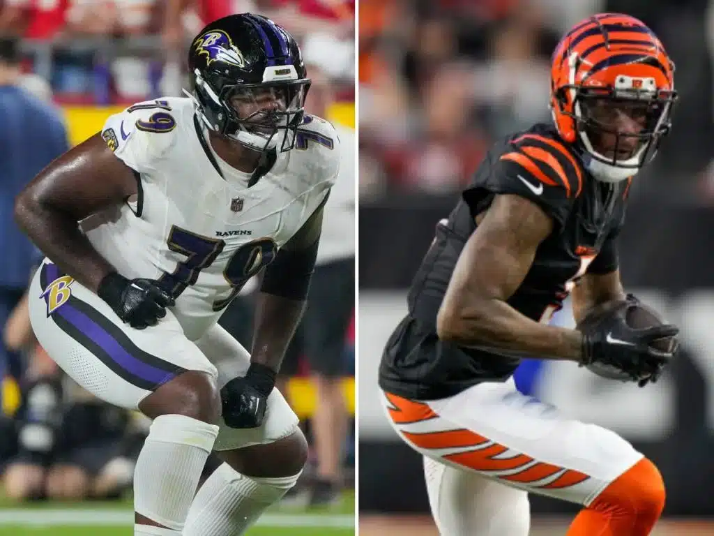 Potential 2025 NFL Free Agents OT Ronnie Stanley (R) and WR Tee Higgins (L)