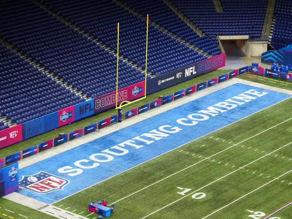 Feb 28, 2024; Indianapolis, IN, USA; The 2024 NFL Scouting Combine logo in the end zone at Lucas Oil Stadium. Mandatory Credit: Kirby Lee-USA TODAY Sports