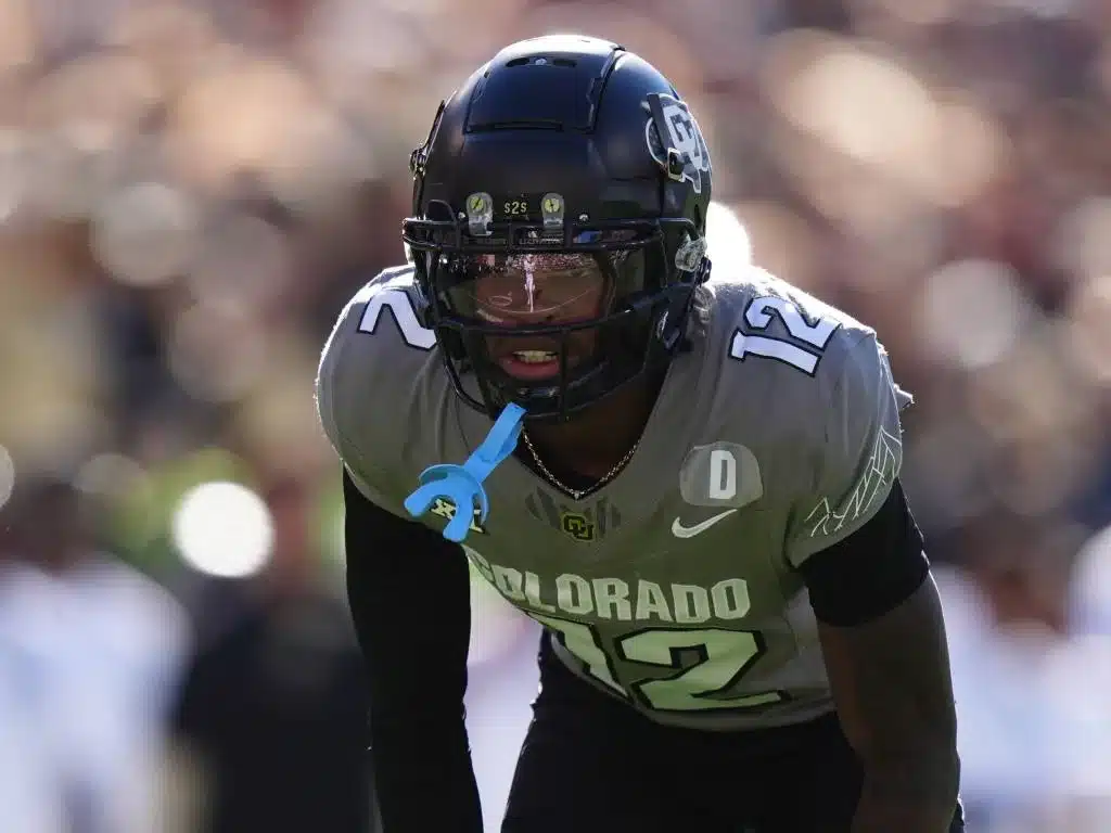 Nov 16, 2024; Boulder, Colorado, USA; Colorado Buffaloes defensive back Travis Hunter (12) looks on during the first quarter against the Utah Utes at Folsom Field. Mandatory Credit: Ron Chenoy-Imagn Images