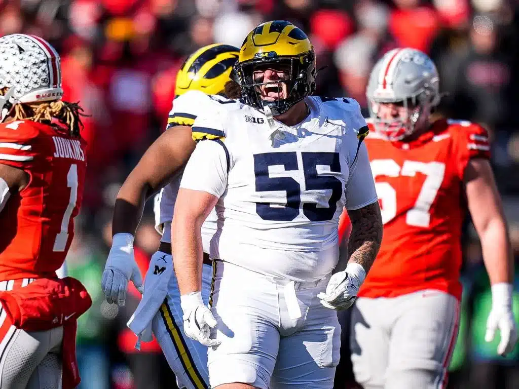 Michigan defensive lineman Mason Graham (55) celebrates a play against Ohio State during the second half at Ohio Stadium in Columbus, Ohio on Saturday, Nov. 30, 2024.