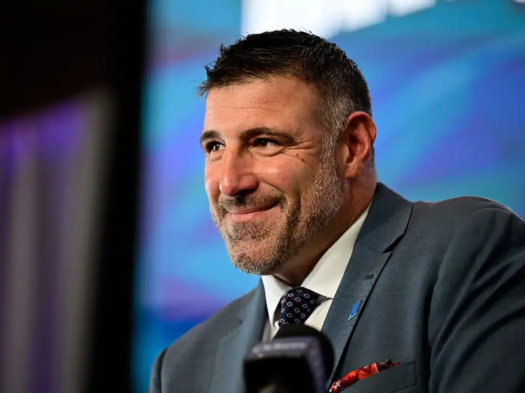 FOXBOROUGH, MASSACHUSETTS - JANUARY 13: Mike Vrabel speaks as he is introduced as head coach of the New England Patriots during a press conference at Gillette Stadium on January 13, 2025 in Foxborough, Massachusetts. (Photo by Billie Weiss/Getty Images)