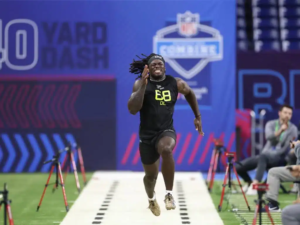 INDIANAPOLIS, INDIANA - FEBRUARY 27: Shemar Stewart #DL68 of Texas A&M participates in the 40-yard dash during the NFL Scouting Combine at Lucas Oil Stadium on February 27, 2025 in Indianapolis, Indiana. (Photo by Stacy Revere/Getty Images)