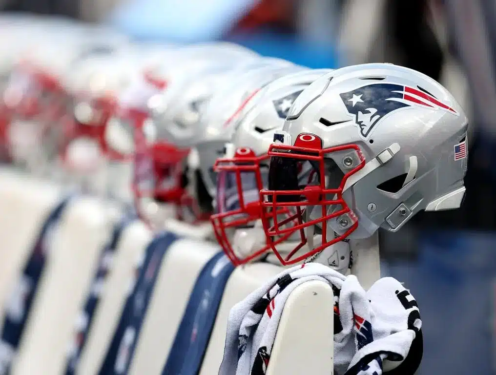 FOXBOROUGH, MASSACHUSETTS - OCTOBER 17: A view of New England Patriots helmets at Gillette Stadium on October 17, 2021 in Foxborough, Massachusetts. (Photo by Maddie Meyer/Getty Images)