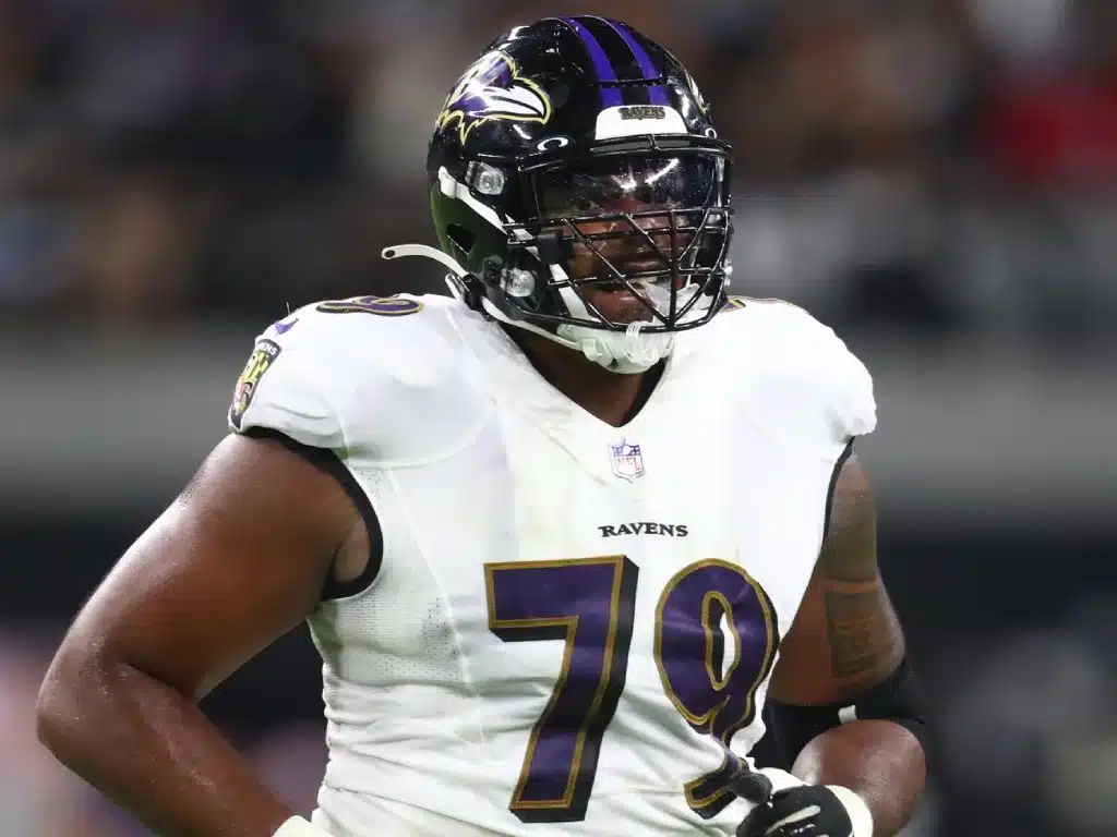 Sep 13, 2021; Paradise, Nevada, USA; Baltimore Ravens offensive tackle Ronnie Stanley (79) against the Las Vegas Raiders during Monday Night Football at Allegiant Stadium. Mandatory Credit: Mark J. Rebilas-USA TODAY Sports