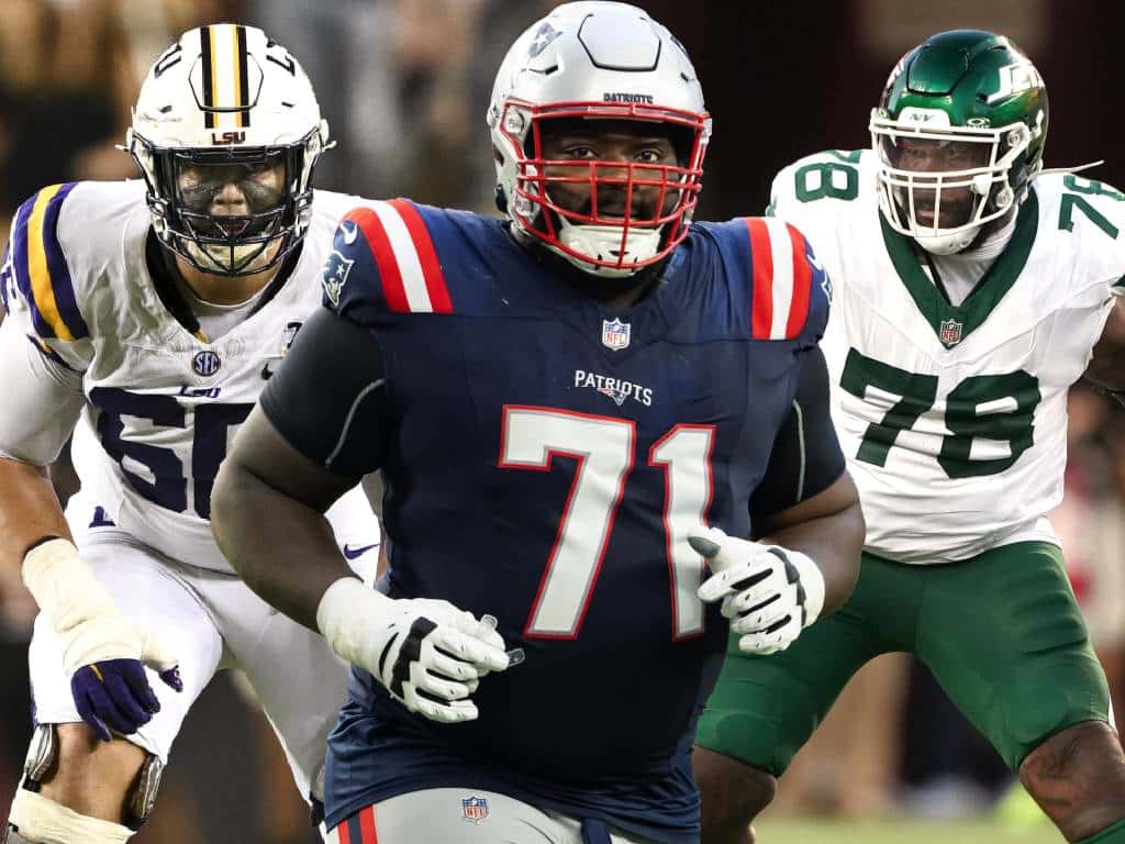 New England Patriots offensive line linemen Will Campbell Mike Onwenu Morgan Moses
